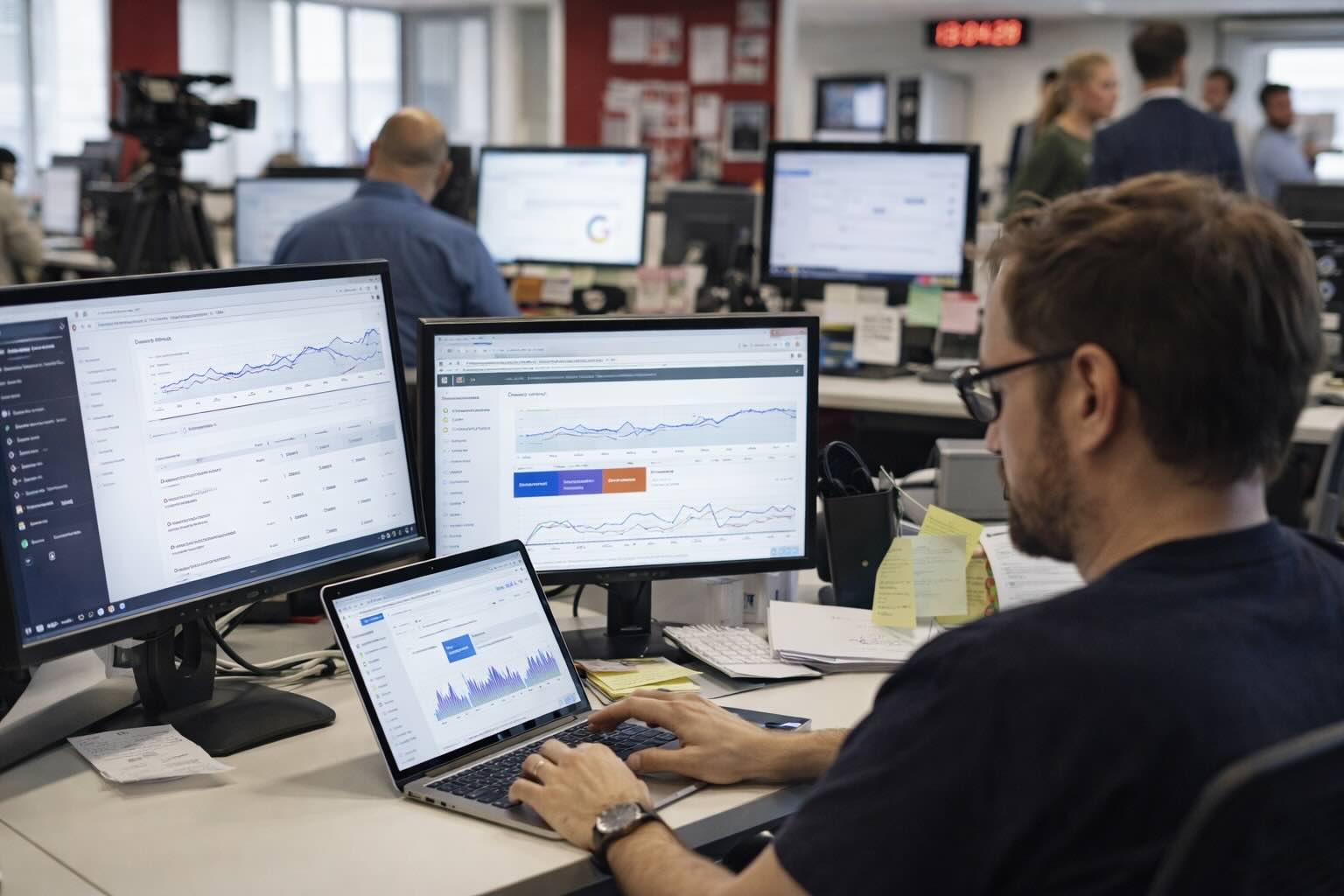 Analista SEO revisando métricas y tráfico orgánico en una redacción digital