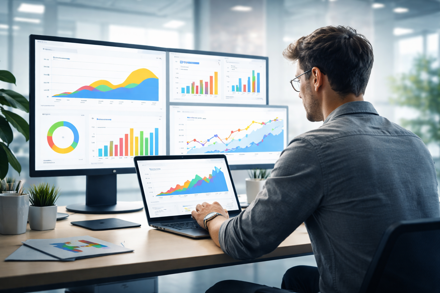 Analista SEO revisando datos de rendimiento y rastreo en un entorno tecnológico