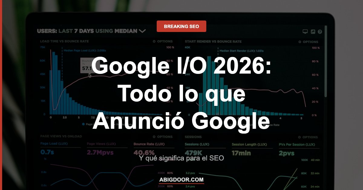 Dashboard representando el resumen de anuncios del Google I/O 2026 y sus implicaciones para el SEO