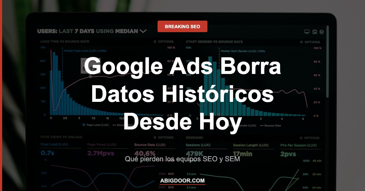 Dashboard de Google Ads representando la eliminación de datos históricos de corto plazo desde junio 2026