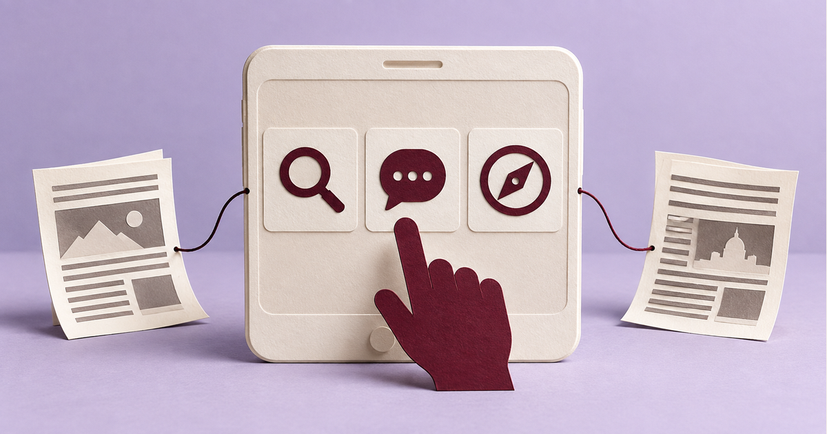 Ilustración conceptual de un teléfono con tres opciones de búsqueda sin marcas, una mano que elige y dos páginas periodísticas conectadas.