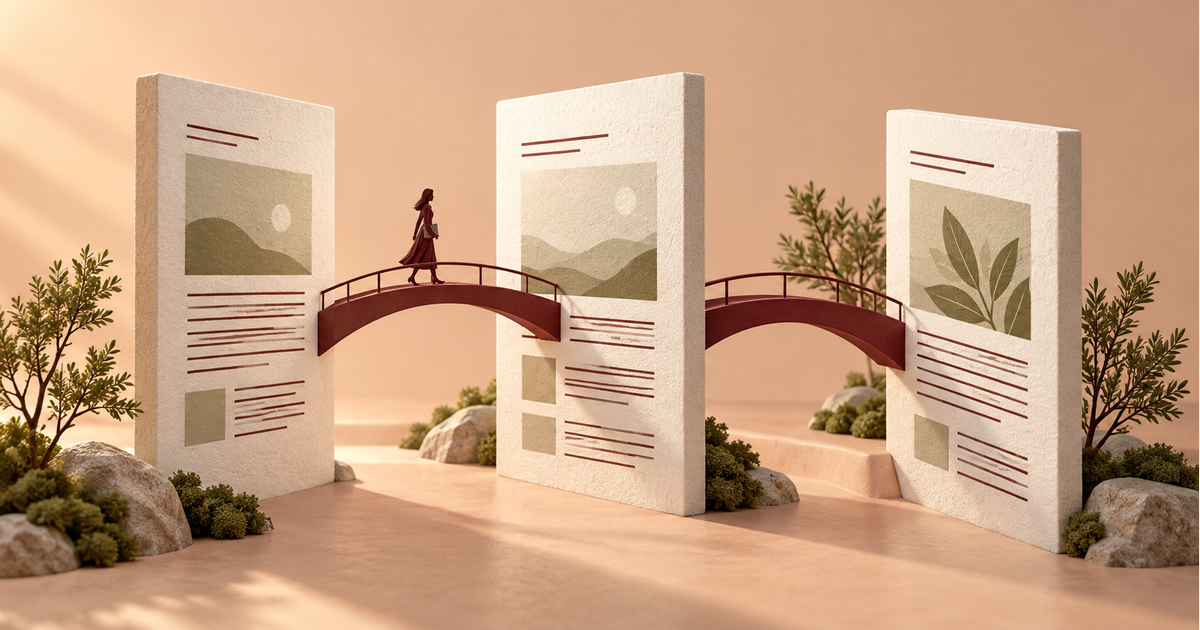 Ilustración conceptual de tres páginas periodísticas conectadas por puentes bordó, con una lectora recorriendo uno de ellos.