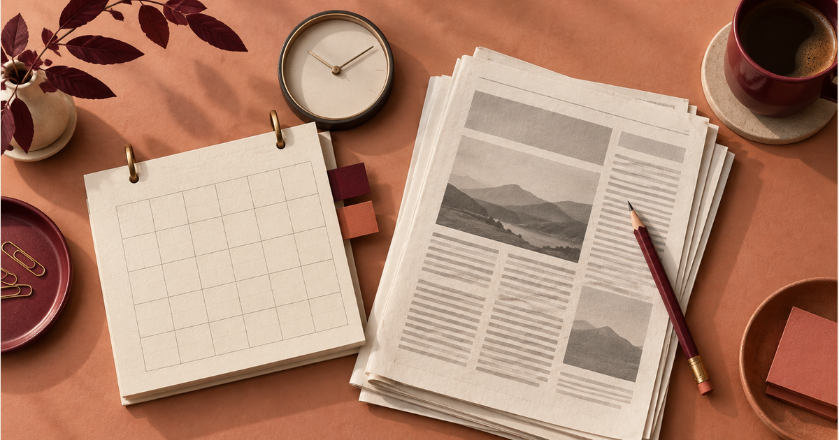 Ilustración de calendario, reloj y páginas de noticias para una auditoría de fechas de publicación y actualización.