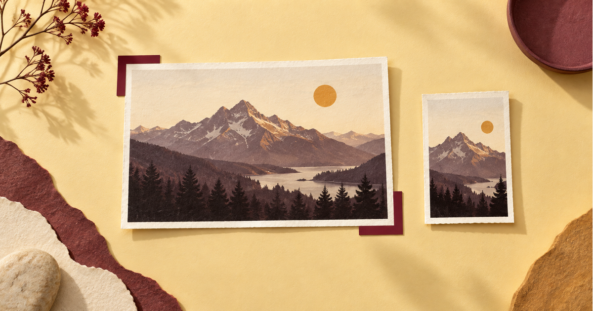 Ilustración de una imagen de montañas con guías de recorte bordó y una versión vertical sobre una mesa amarilla.