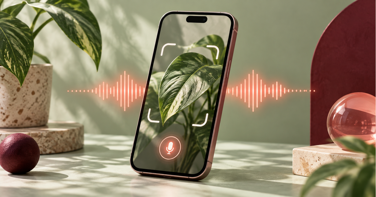 Ilustración conceptual de búsqueda con cámara y voz: un teléfono enfoca una planta junto a una onda de audio.