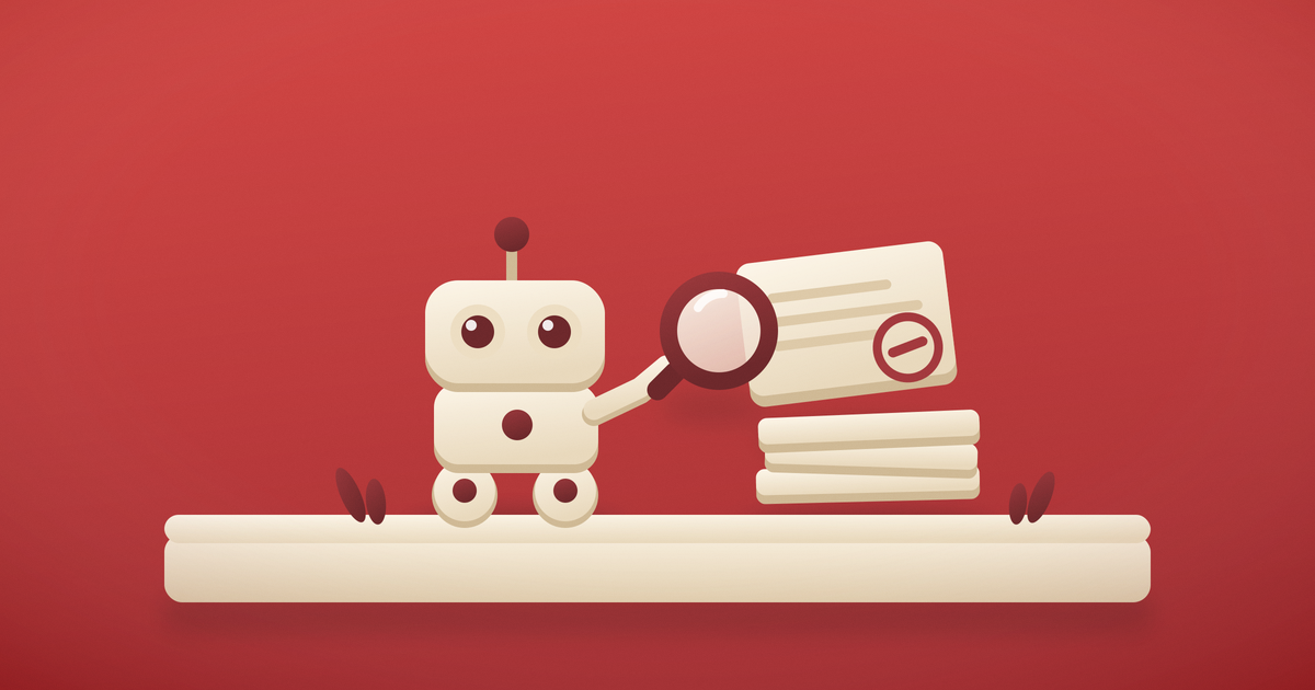 Ilustración de un robot con lupa revisando páginas, una de ellas marcada con un sello, por el cierre del spam update de septiembre de Google.